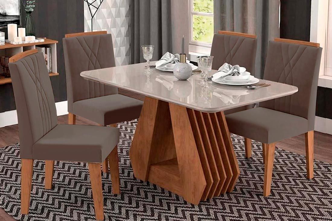 Sala Jantar Mesa Ágata Tampo Madeirado c/ Vidro 130X80 cm e 4 Cadeiras Nicole - Cimol