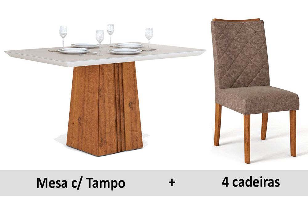 Sala de Jantar Completa Itália c/ Tampo Madeirado c/ Vidro 120x90cm e 4 Cadeiras Golden - DJ Móveis