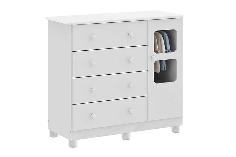 Cômoda Infantil Uli c/1 Porta Cristal e 4 Gavetas Branco - Peroba