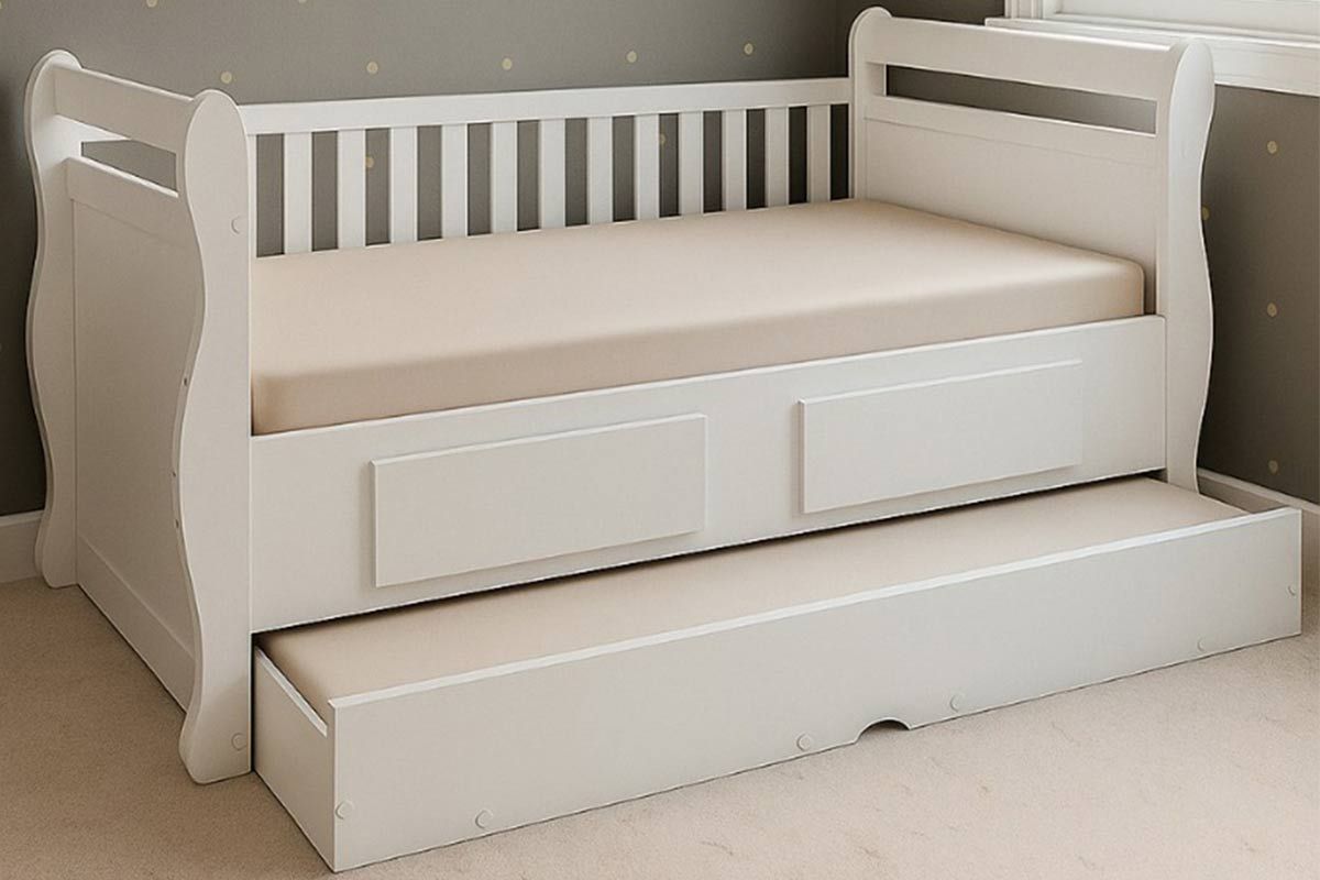 Cama Solteiro de Babá Maria c/2 Gavetas e Auxiliar Branco Peroba