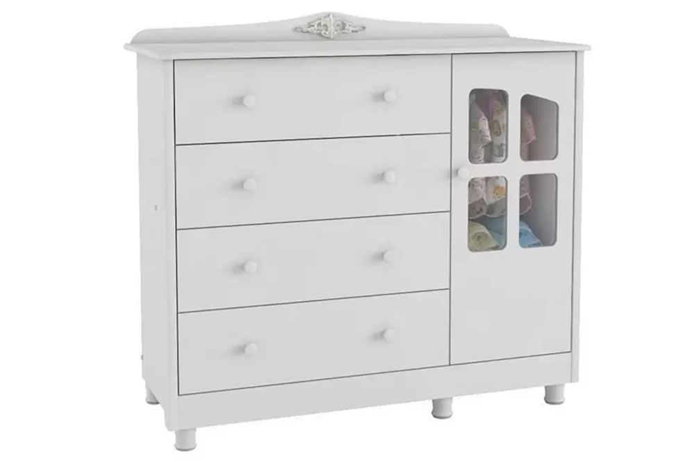 Cômoda Infantil Elô c/1 Porta Cristal e 4 Gavetas Branco/Amêndoa - Peroba