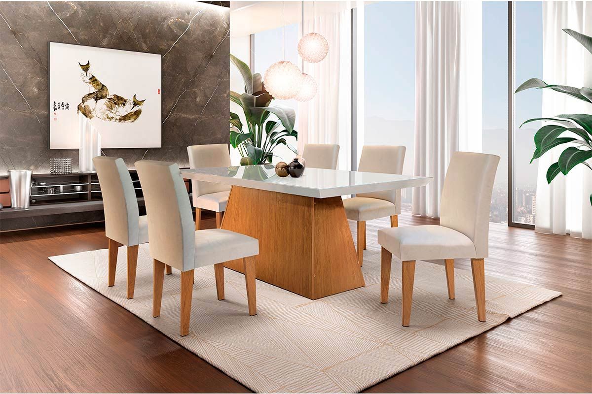 Sala de Jantar Completa Luna Tampo Madeirado c/ Vidro Canto Curvo 180x90cm e 6 Cadeiras Grécia - Rufato