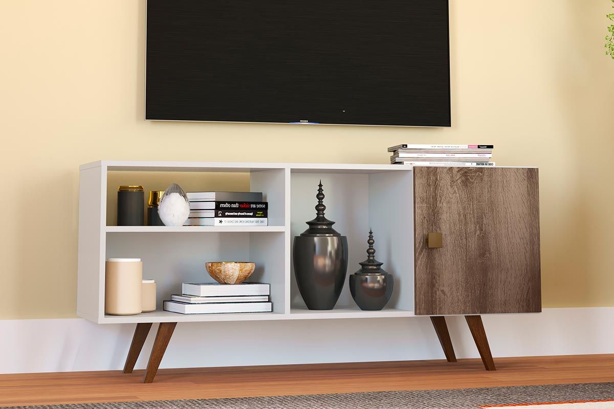 Rack Bancada p/ TV até 47 Pol RT3014 c/1 Porta e 3 Nichos 130cm Preto/Rustico Movelbento