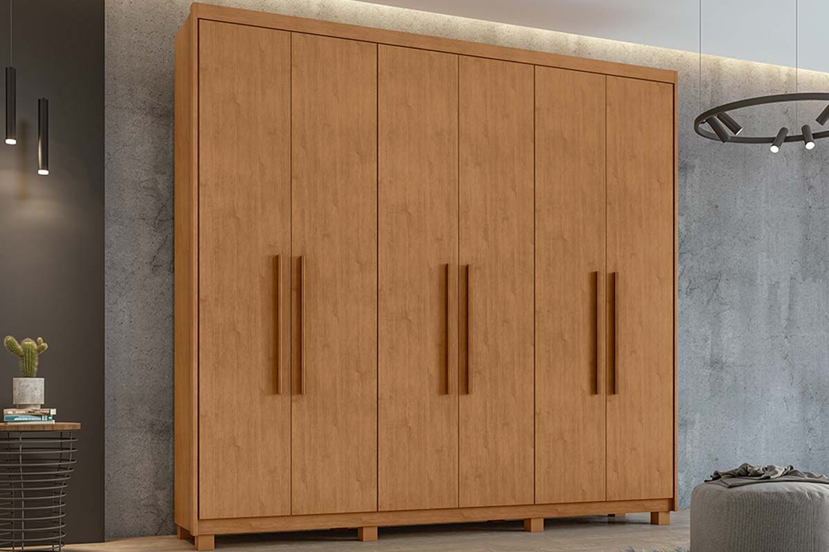 Guarda Roupa Casal 6 Portas e 5 Gavetas c/Pés Áries Amêndoa Lopas