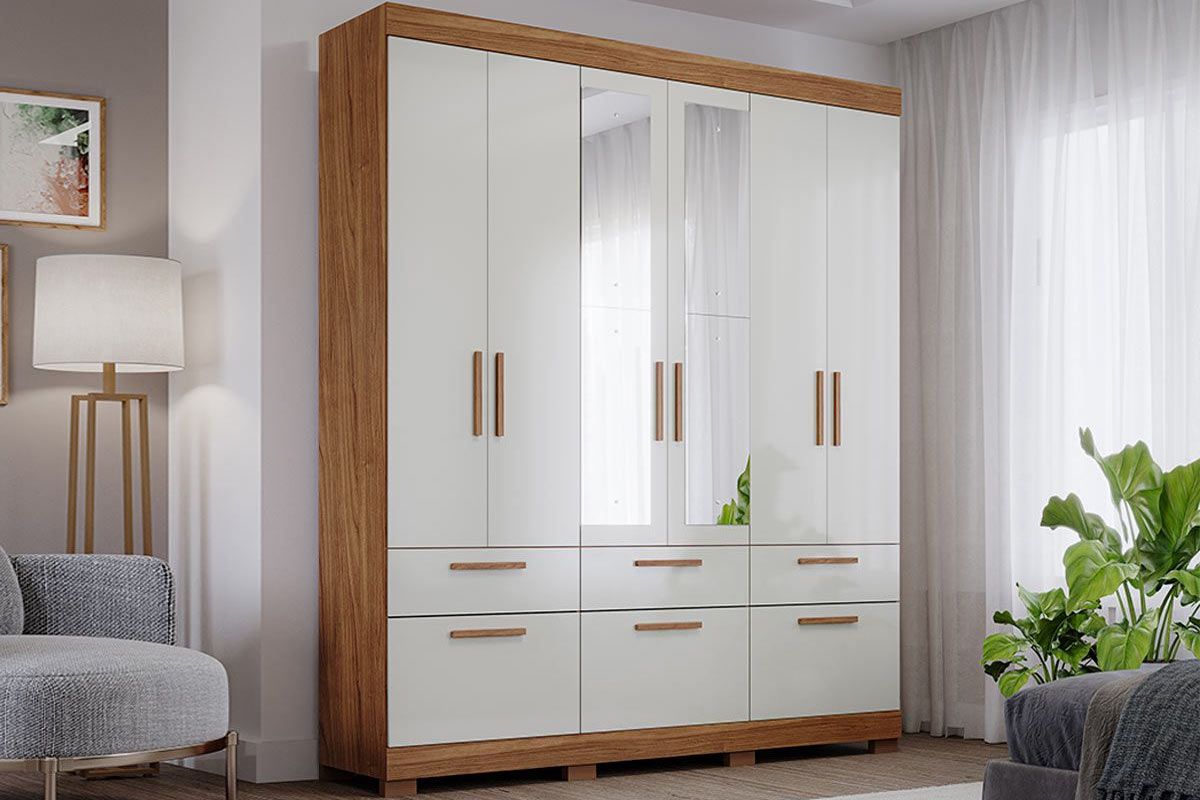 Guarda Roupa Casal 6 Portas (2 c/Espelho) e 5 Gavetas Porto Branco Panan