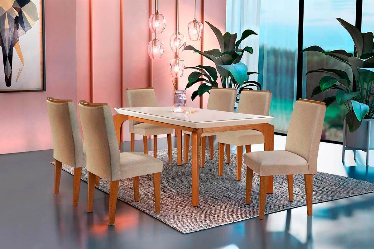Sala Jantar Mesa Londrina Tampo Madeirado c/ Vidro 180x90cm e 6 Cadeiras Lunara - Rufato