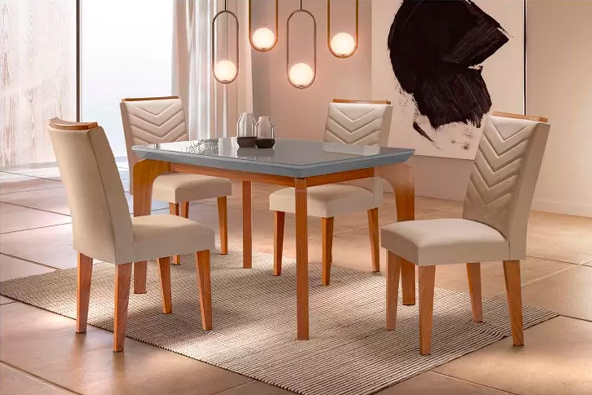 Sala Jantar Mesa Londrina Tampo Madeirado c/ Vidro 120x80cm e 4 Cadeiras Londrina - Rufato