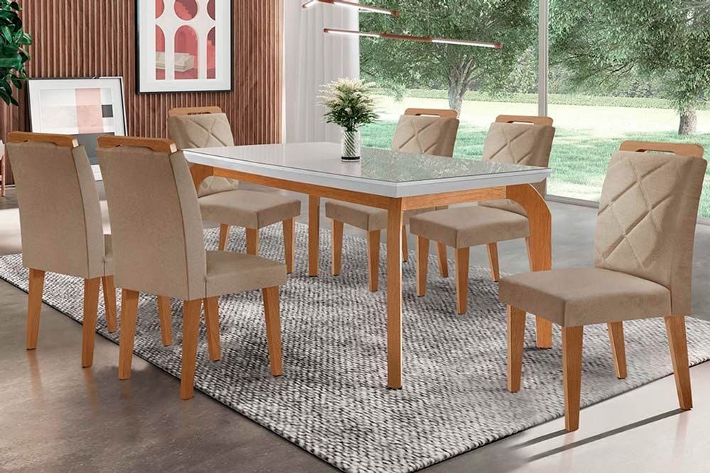 Sala Jantar Mesa Londrina Tampo Madeirado c/ Vidro 180x90cm e 6 Cadeiras Melissa - Rufato