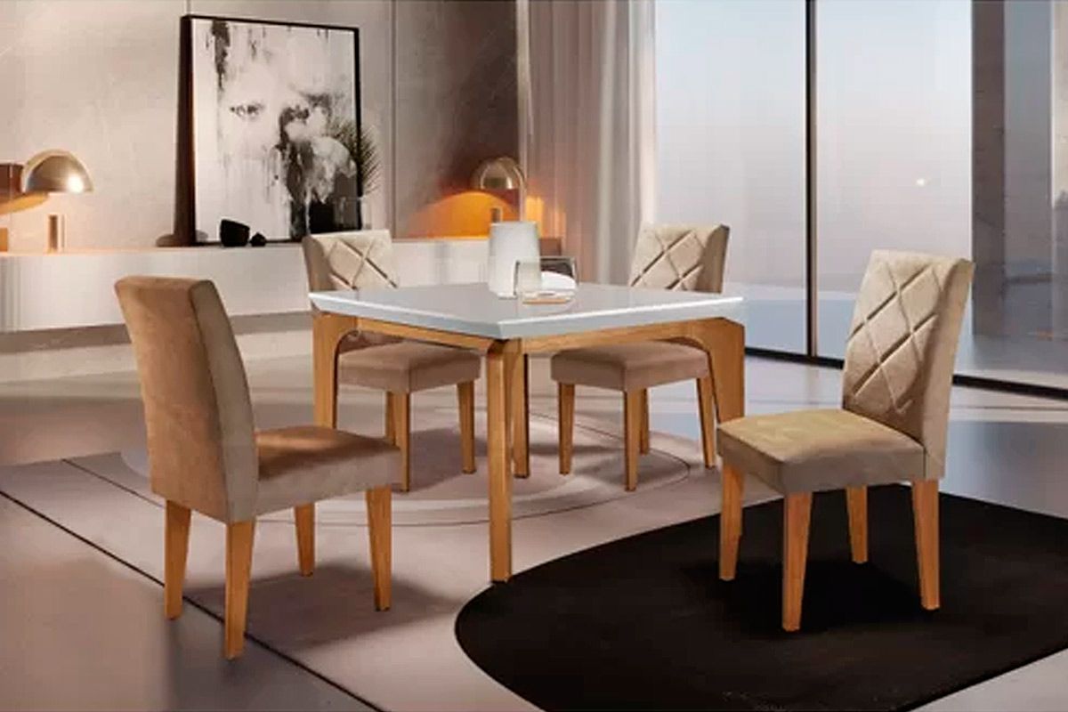 Sala Jantar Mesa Londrina Tampo Madeirado c/ Vidro 120x80cm e 4 Cadeiras Berlim - Rufato