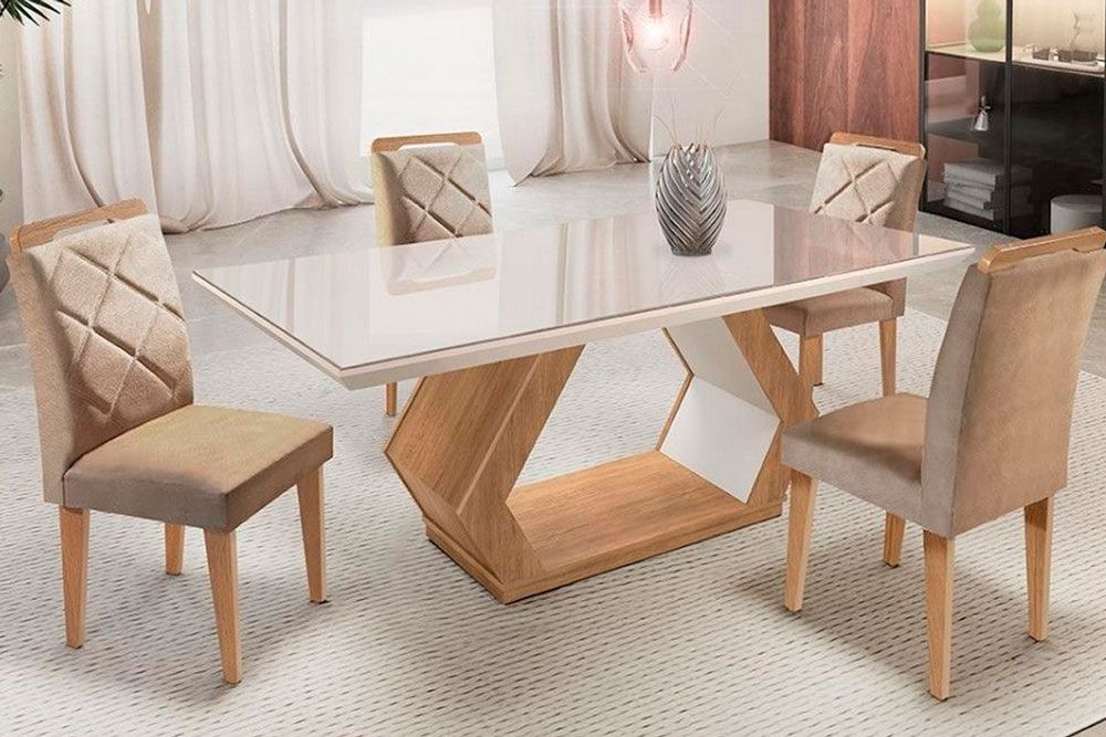 Sala de Jantar Completa Alvorada Tampo Madeirado c/ Vidro Canto Reto 180x90cm e 4 Cadeiras Melissa - Rufato