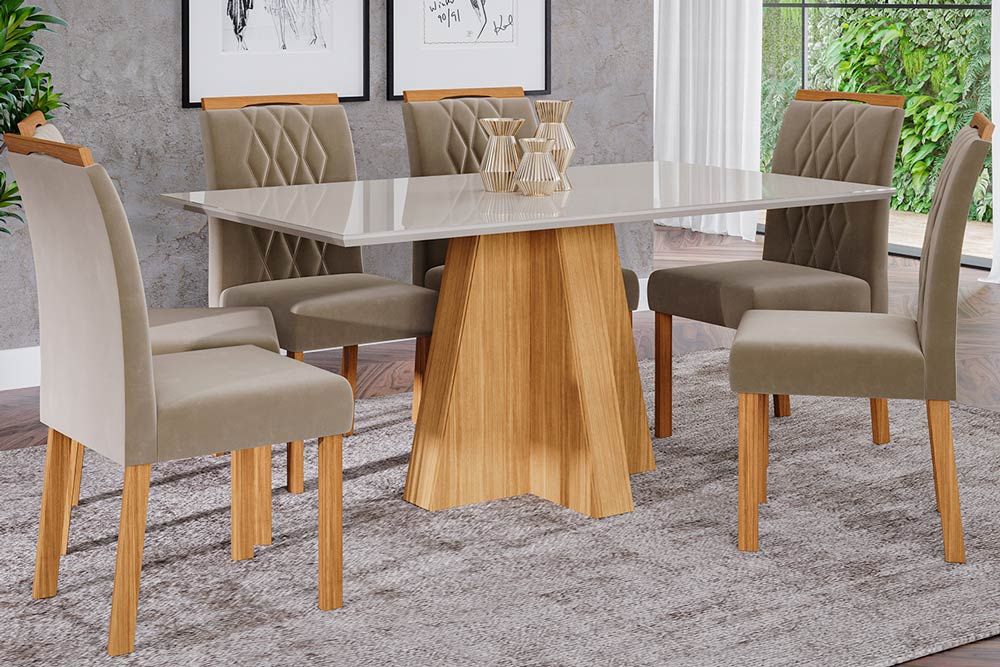 Sala Jantar Mesa Patrícia Tampo Madeirado c/ Vidro Canto Reto 160x80cm e 6 Cadeiras Juliana - Cimol