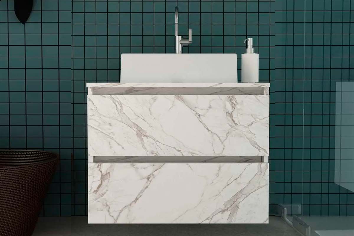 Gabinete Banheiro Suspenso BN3607 s/ Cuba c/2 Gavetas 60cm Amêndoa/Branco Tecno Mobili