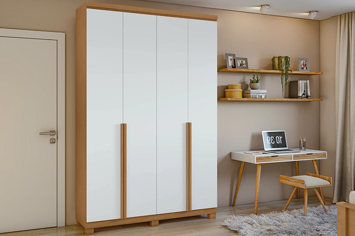 Guarda Roupa Solteiro 4 Portas e 2 Gavetas c/Pés Alonzo Amêndoa/Branco Lopas