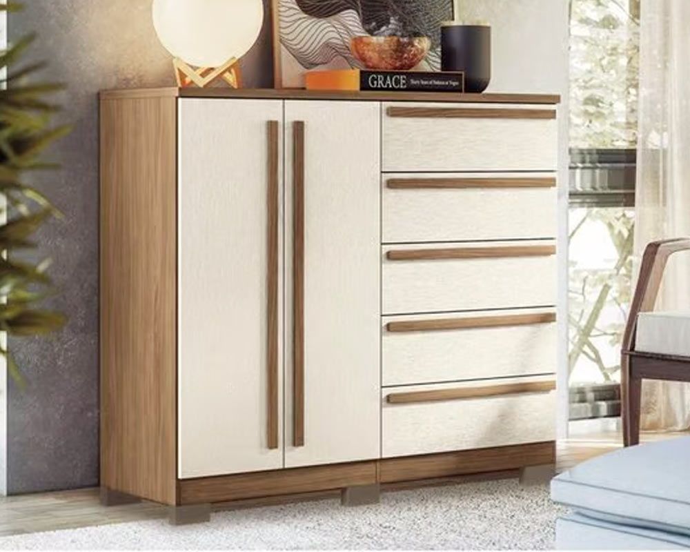 Cômoda Málaga Gold c/2 Portas 5 Gavetas e Pés Jatobá/Areia S. Andirá