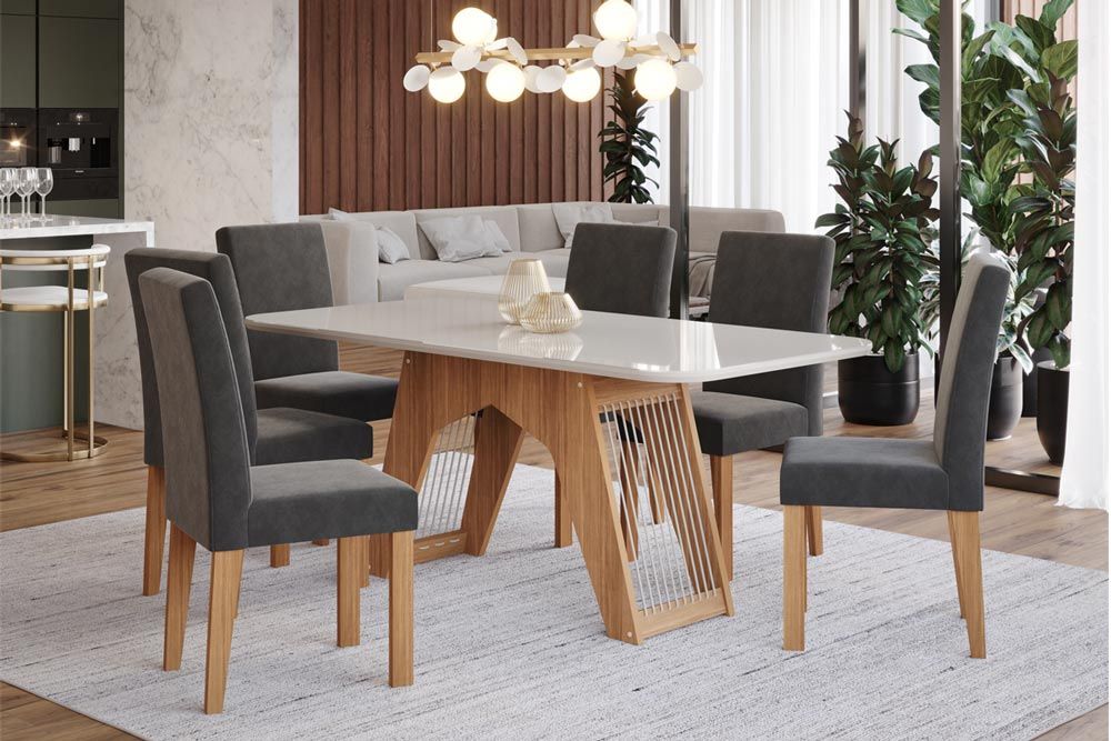 Sala Jantar Mesa Carol Tampo Madeirado c/ Vidro 180x90cm e 6 Cadeiras Maia - Cimol