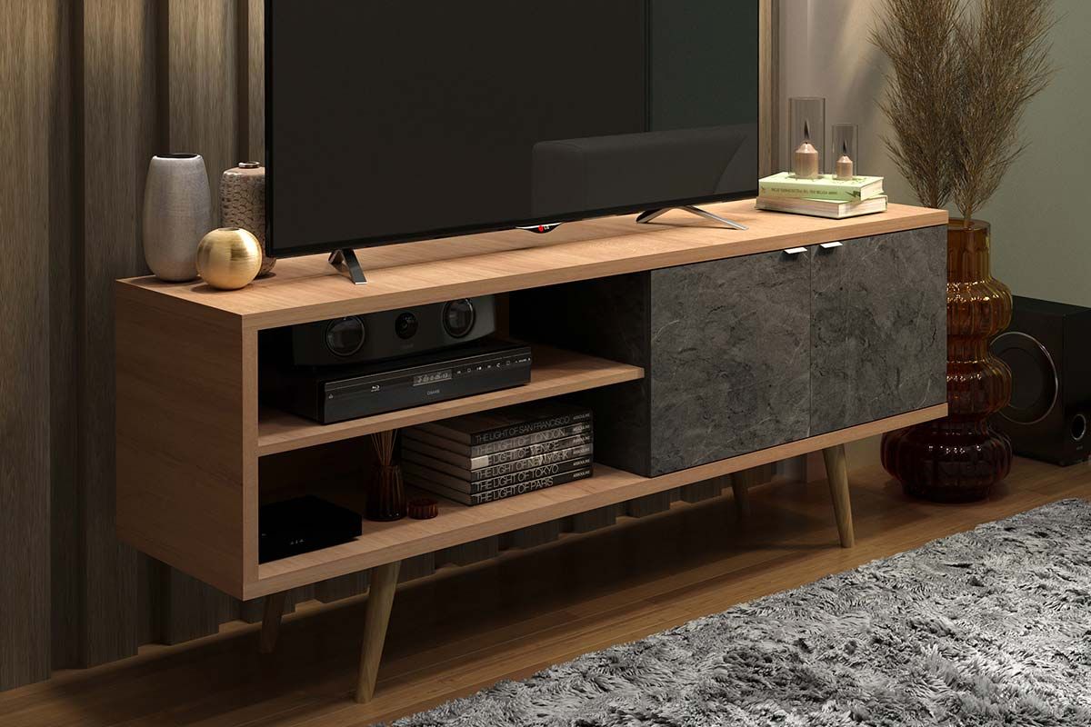 Rack Bancada p/ TV até 55 Pol R1482 c/2 Portas e 2 Nichos 160cm Amêndoa/Marmore Lunar Tecno Mobili