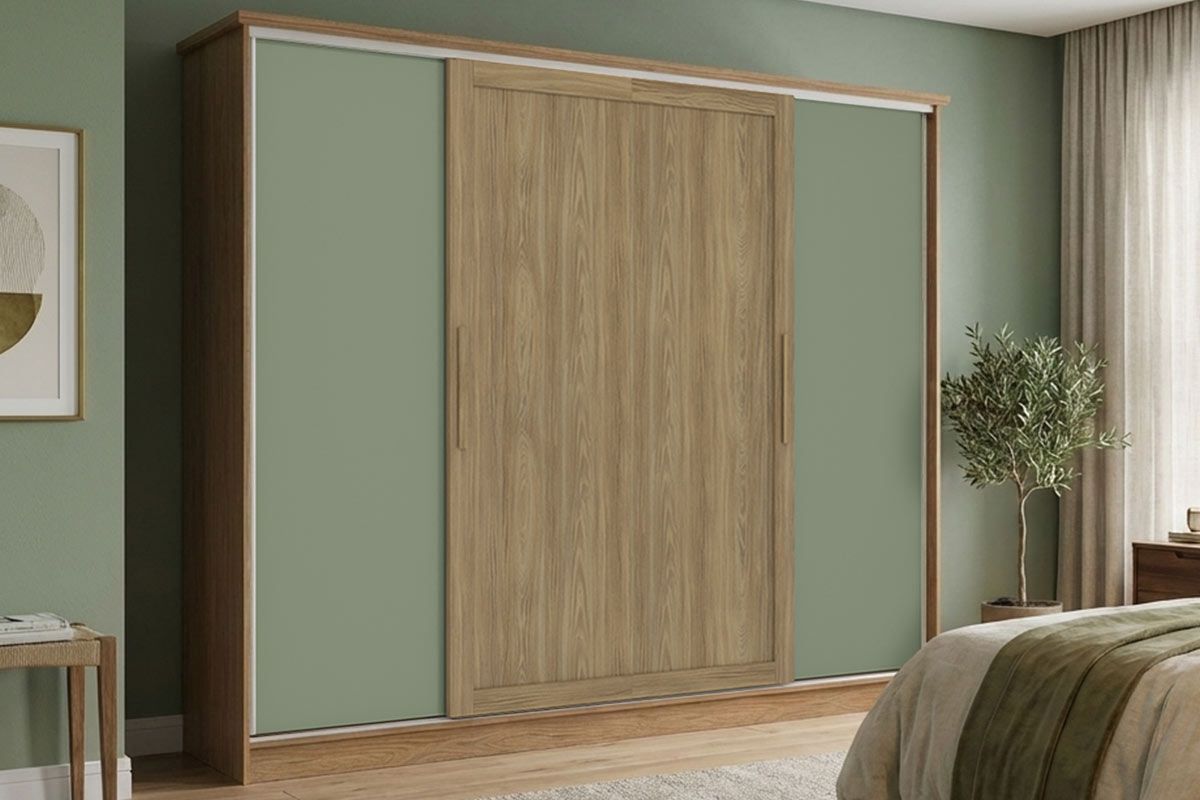 Guarda Roupa Casal 4 Portas Correr N565 Flex Nogueira/Macadamia ou Verde Kappesberg