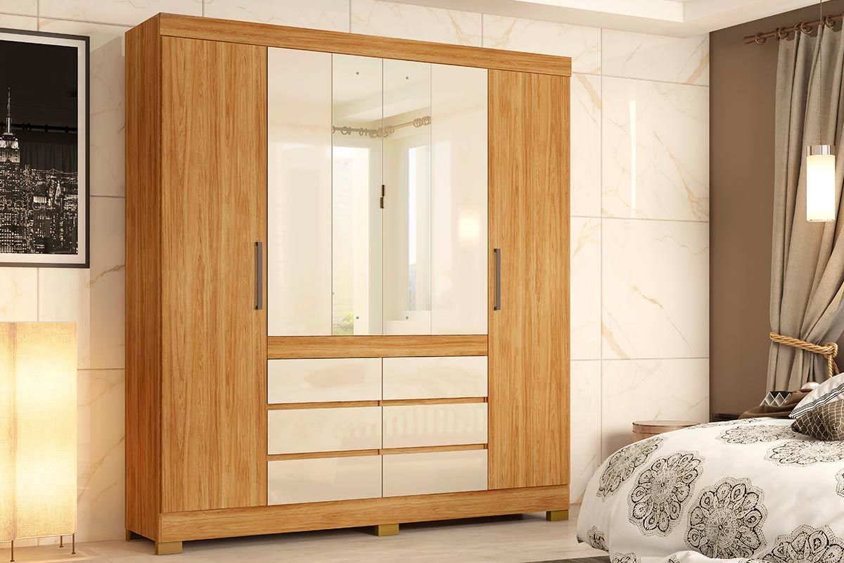 Guarda Roupa Casal 4 Portas (2 c/Espelho) e 6 Gavetas Cadis Branco Demóbile