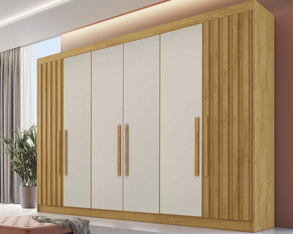 Guarda Roupa Casal 6 Portas (2 Ripadas) e 6 Gavetas Potente Off White/Peroba Europa