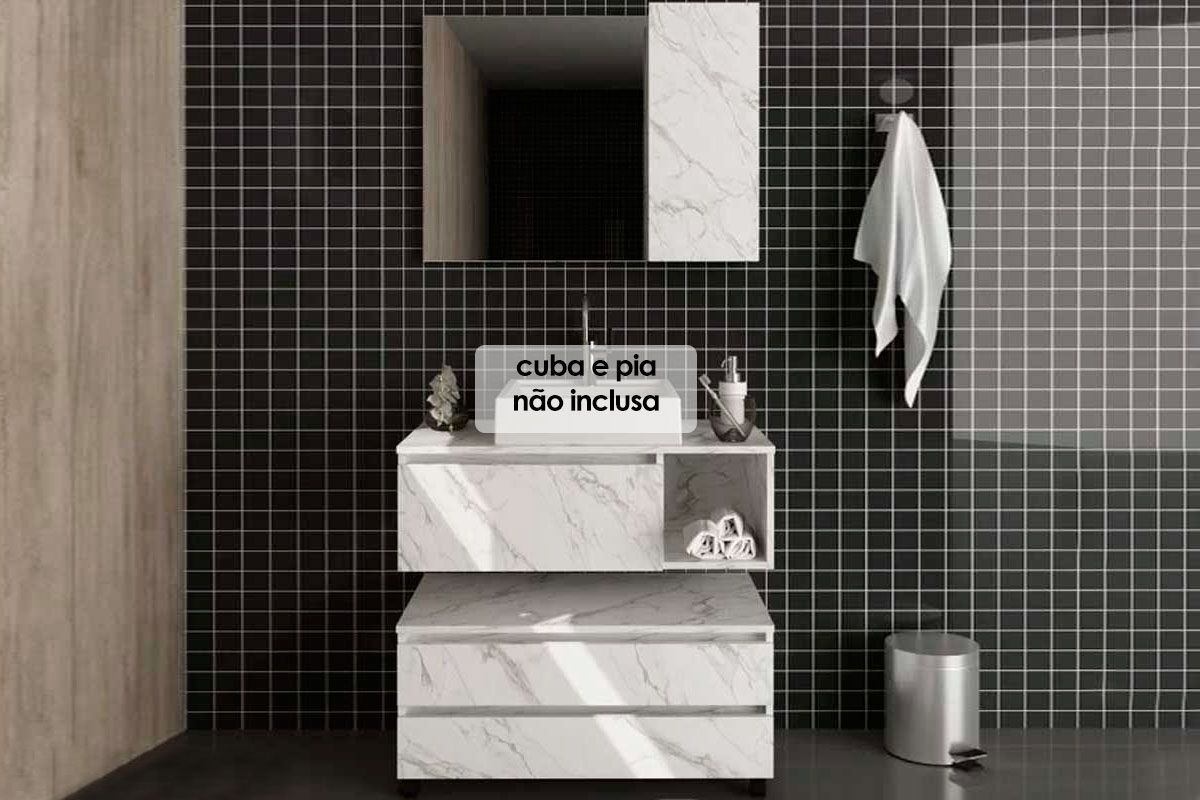 Conjunto Banheiro Balcão Suspenso BN3601 + Balcão c/Rodizios BN3603 s/ Cuba 80cm e Armário c/Espelho BN3602 Tecno Mobili