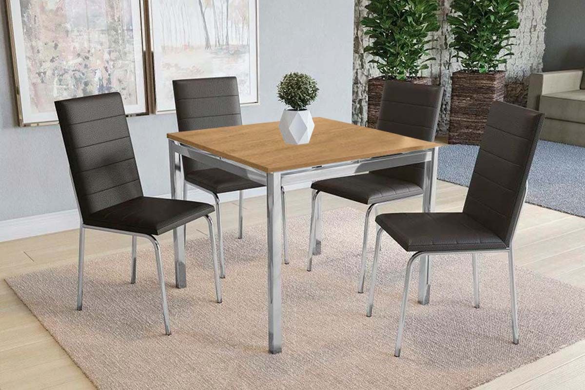 Sala Jantar Mesa Reno c/ Tampo de Madeira 90cm e 4 Cadeiras Amsterdã - Kappesberg
