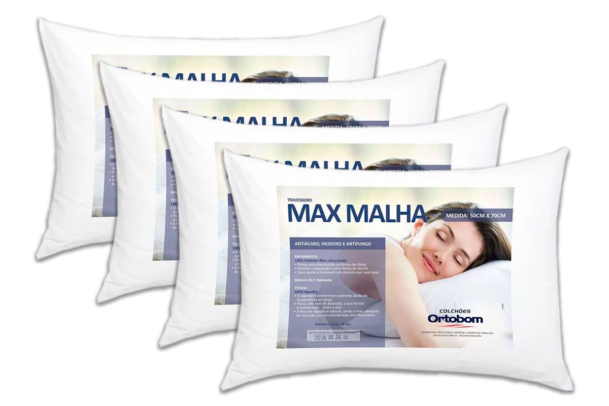 Travesseiro Fibras Pluma Kit 4un Max Malha Ortobom