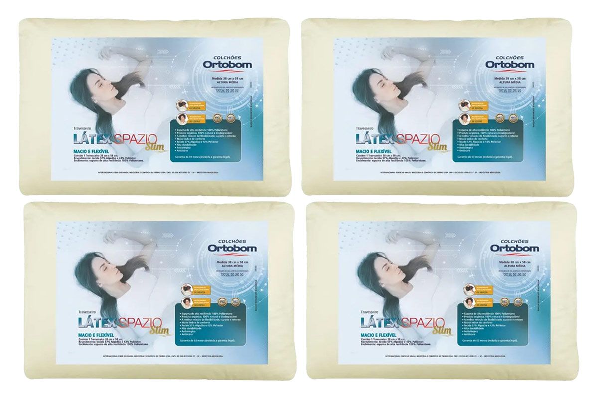 Travesseiro Látex Kit c/4 Un Slim Anatômico Ortobom