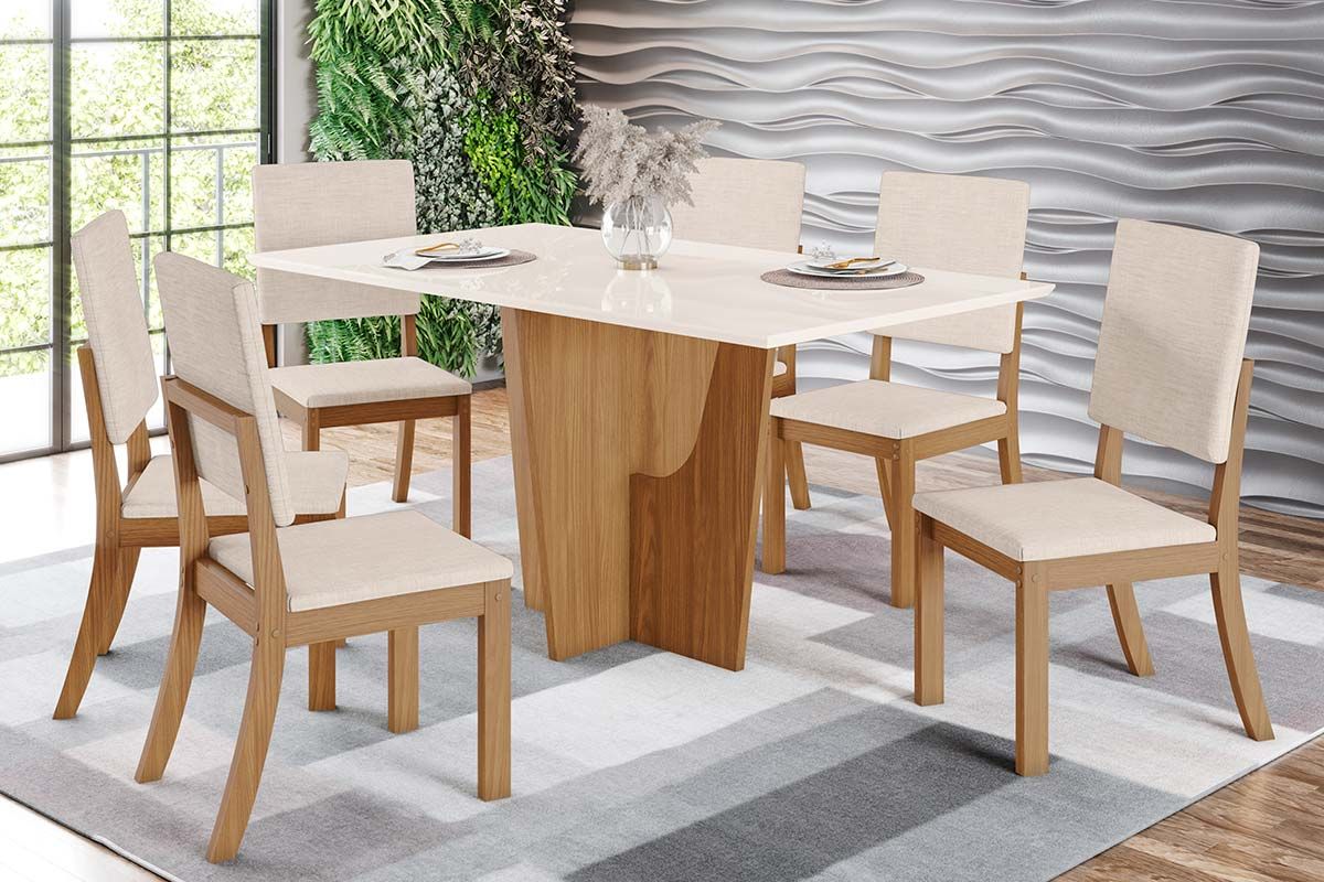 Sala de Jantar Completa Vértice Tampo Madeirado c/ Vidro 160x80cm e 6 Cadeiras Milla - Henn