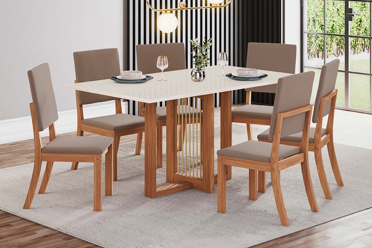 Sala de Jantar Completa Natalí c/ Tampo Madeirado Reto s/ Vidro 160x90cm e 6 Cadeiras Milla - Henn