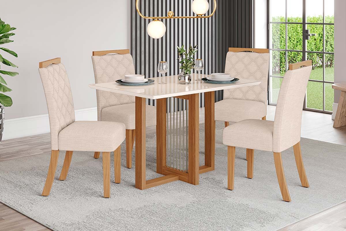 Sala de Jantar Completa Natalí c/ Tampo Madeirado c/ Vidro Reto 120x80cm e 4 Cadeiras Bella - Henn