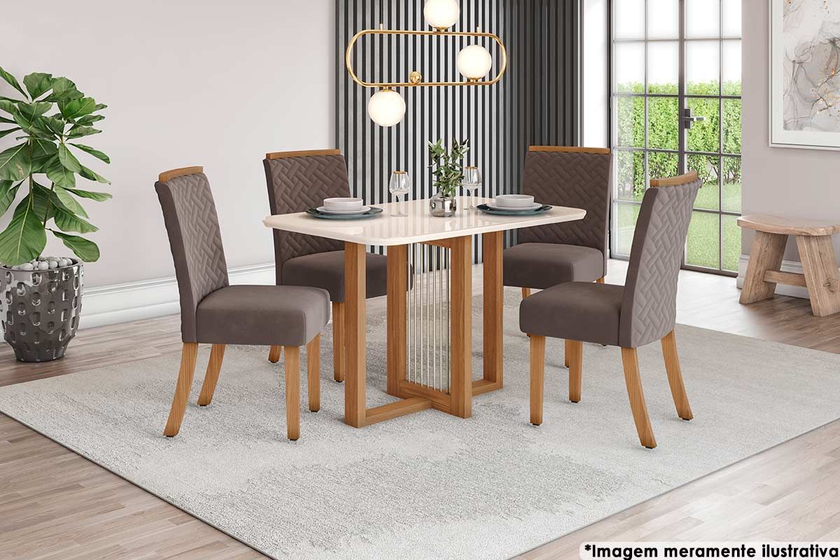 Sala de Jantar Completa Natalí c/ Tampo Madeirado c/ Vidro Curvo 120x80cm e 4 Cadeiras Malu - Henn