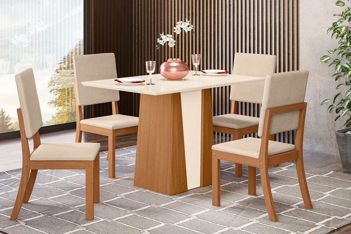 Sala de Jantar Completa Orus Tampo Madeirado c/ Vidro 120x80cm e 4 Cadeiras Milla - Henn