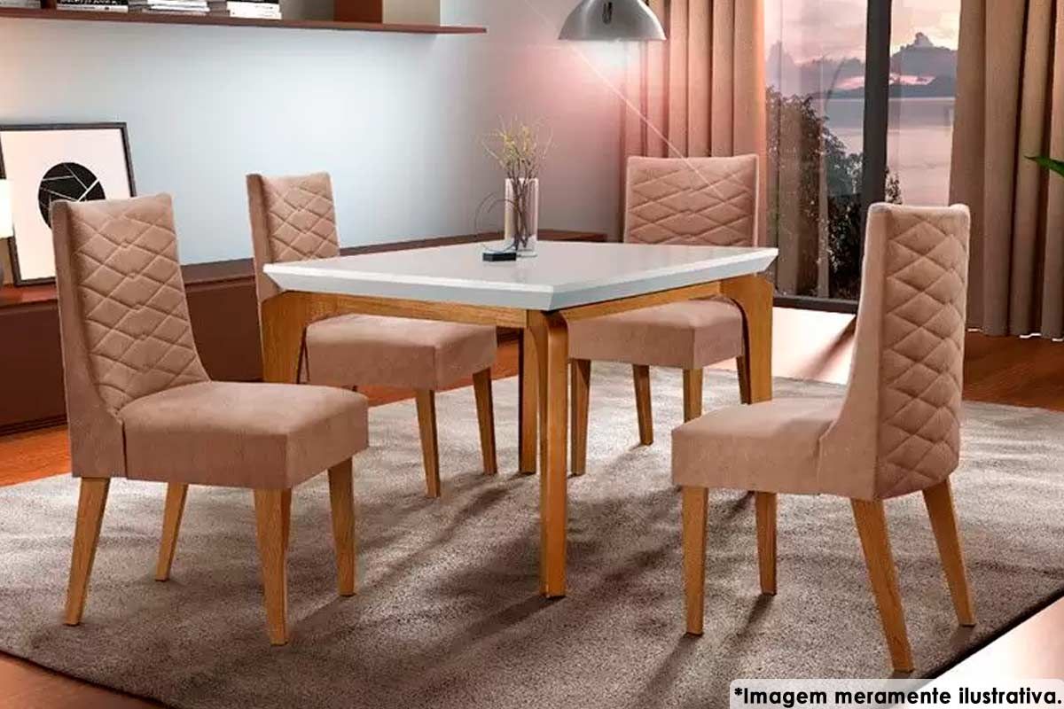 Sala Jantar Mesa Londrina c/ Tampo Madeirado c/ Vidro 120x80cm e 4 Cadeiras Dafne - Rufato