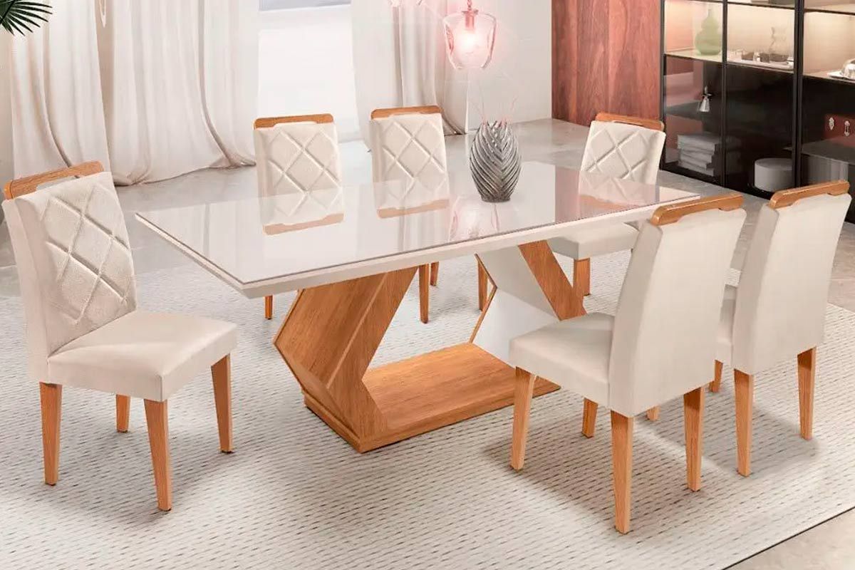 Sala Jantar Mesa Alvorada c/Tampo Madeirado c/Vidro 180x90cm e 6 Cadeiras Melissa - Rufato