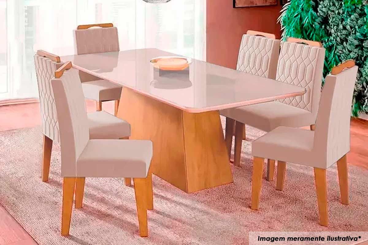 Sala Jantar Mesa Helena c/ Tampo Madeirado c/ Vidro 210x100cm e 6 Cadeiras Paola - Cimol