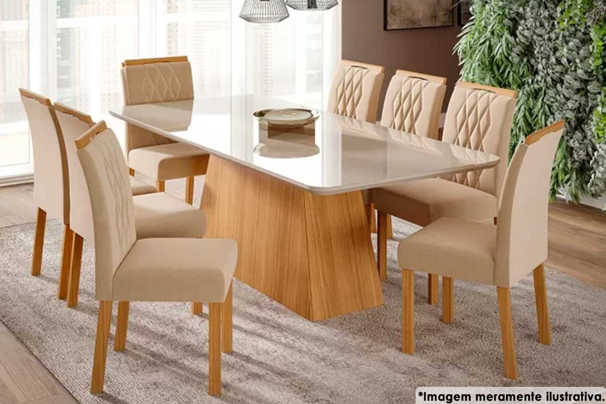 Sala Jantar Mesa Helena c/ Tampo Madeirado c/ Vidro 210x100cm e 8 Cadeiras Juliana - Cimol