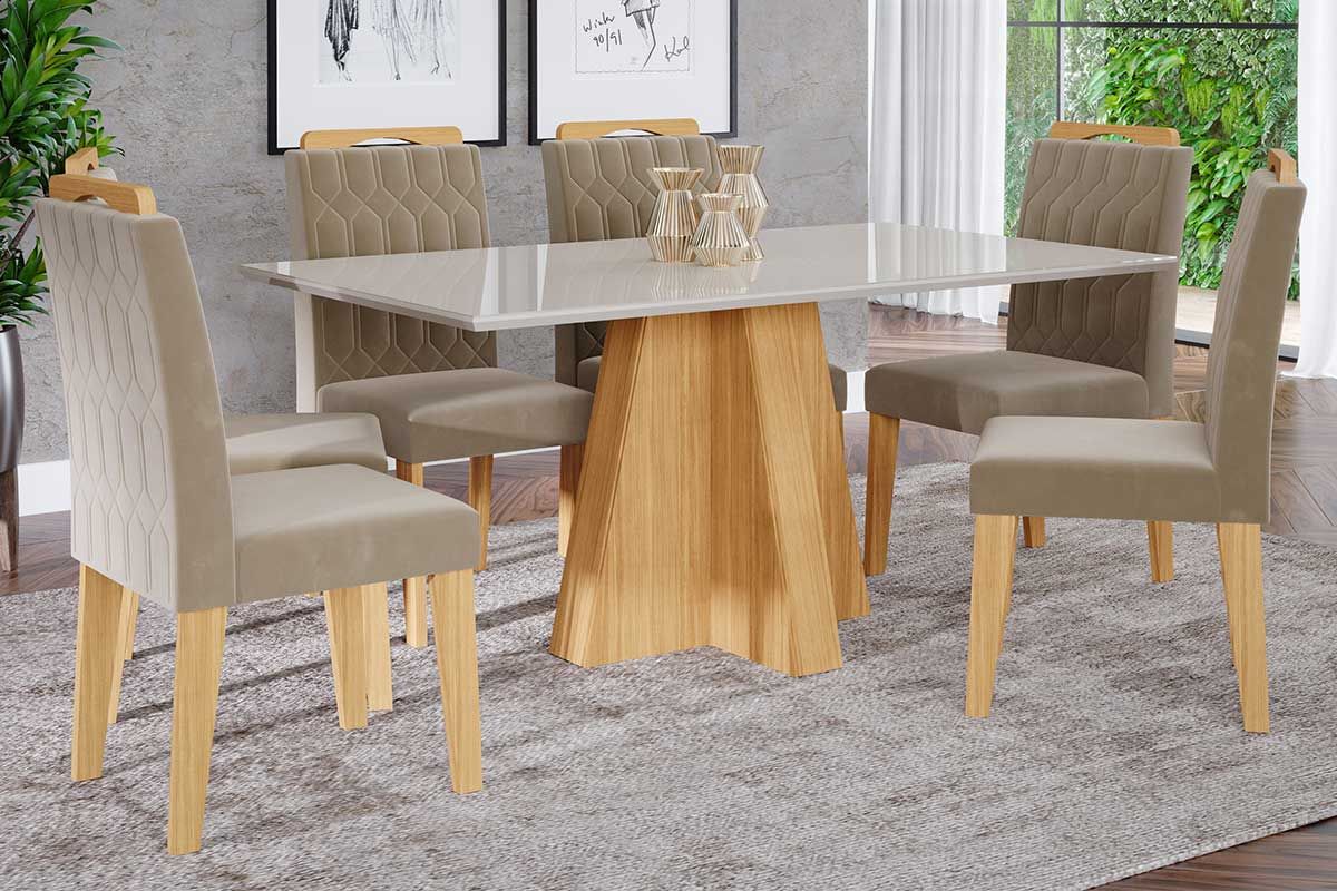 Sala Jantar Mesa Patricia c/ Tampo Madeirado c/ Vidro Canto Reto 160x80cm e 6 Cadeiras Paola - Cimol