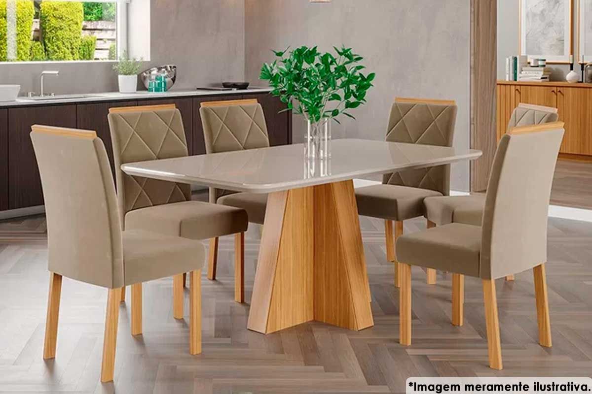 Sala Jantar Mesa Maite c/ Tampo Madeirado c/ Vidro Canto Curvo 130x80cm e 6 Cadeiras Maia - Cimol