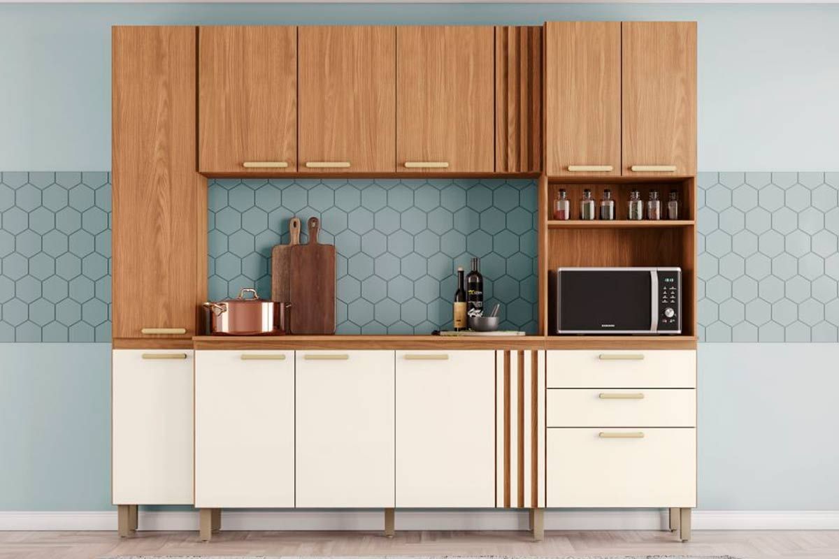 Cozinha Compacta Henn B126 c/11 Portas e 2 Gavetas 236cm Nature/Off White