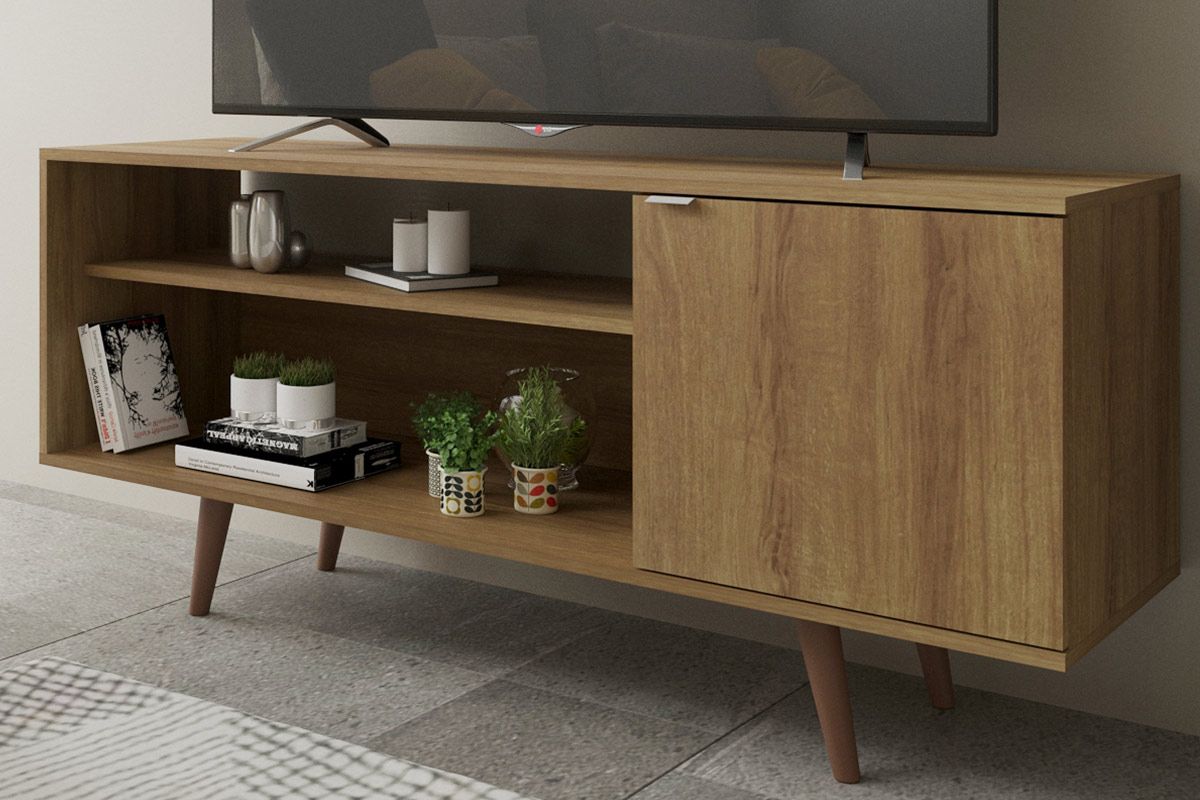 Rack Bancada p/ TV até 50 Pol R1486 c/1 Porta e 2 Nichos136cm Amêndoa Tecno Mobili