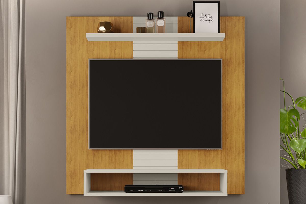 Painel Home p/ TV até 47 Pol Smart c/Prateleira e Nichos 120x120cm Freijó/Off White DJ Móveis