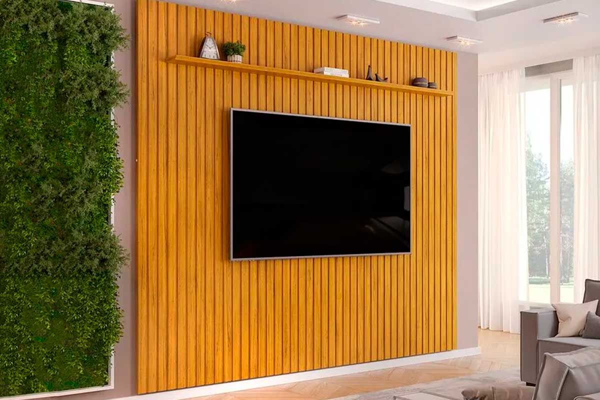 Painel Home p/ TV até 85 Pol Pratic Ripado c/1 Prateleira 275x240cm Freijo DJ Móveis