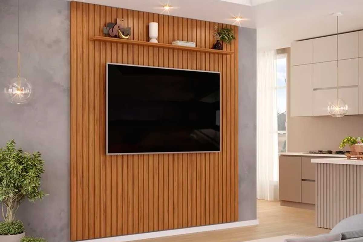 Painel Home p/ TV até 65 Pol Pratic Ripado c/1 Prateleira 223x240cm Freijo DJ Móveis