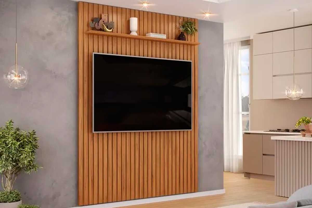 Painel Home p/ TV até 65 Pol Pratic Ripado c/1 Prateleira 183x240cm Bali DJ Móveis