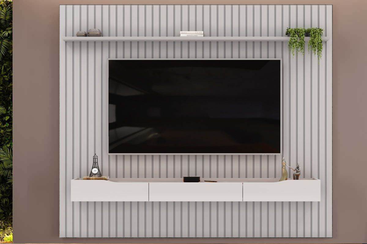 Rack Bancada c/Painel p/ TV até 85 Pol Pratic Ripado 3 Gavetas 250x240cm - DJ Móveis