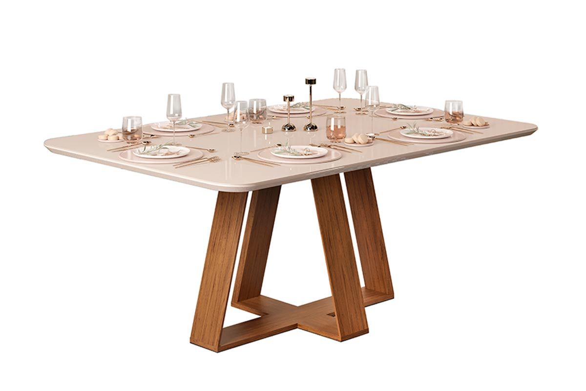 Mesa Jantar Celeste Tampo MDF/Vidro Canto Curvo 160cm Cedro/Off White DJ Móveis