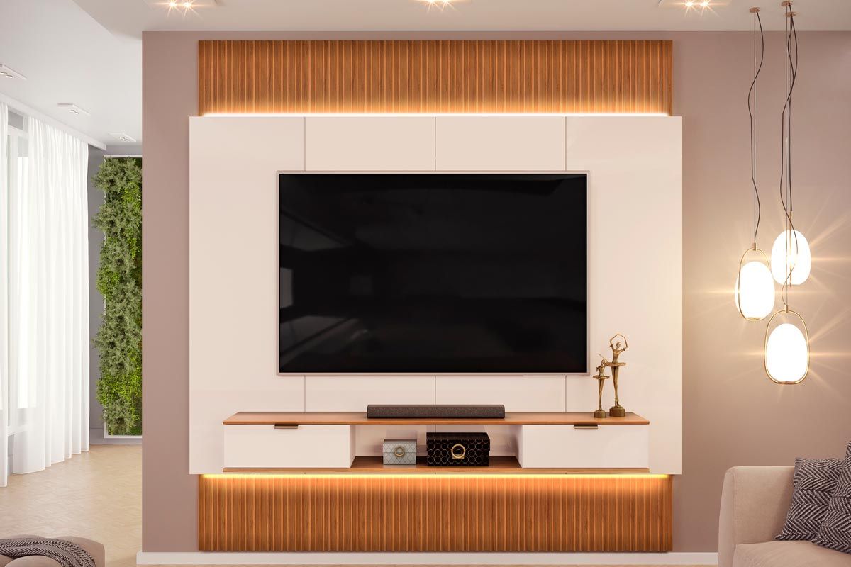 Painel Home p/ TV até 85 Polegadas Hit 2290 100% MDF Extensível c/Led de 240 a 290cm Cedro/Quartzo DJ Móveis