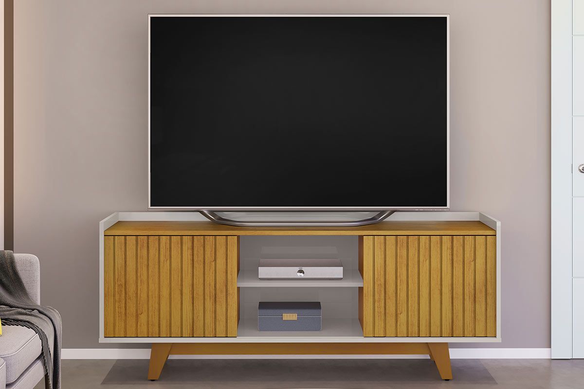 Rack Bancada p/ TV até 60 Pol Flat Ripado c/2 Portas 150x60cm DJ Móveis