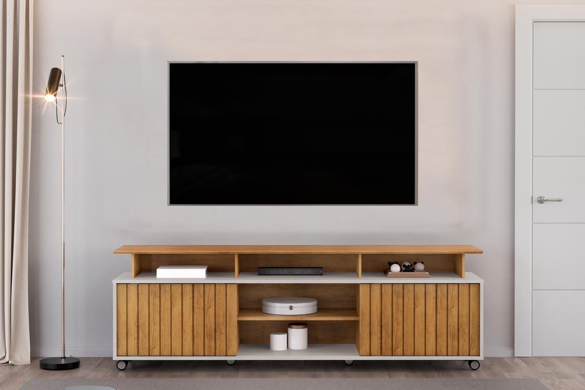 Rack Bancada p/ TV até 70 Polegadas Olimpic Ripado c/Nichos e Rodizios 180x60cm Freijó/Off White DJ Móveis