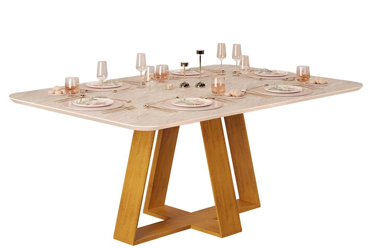 Mesa Jantar Celeste c/Tampo Madeirado Curvo 170x90cm Cedro/Quartzo DJ Móveis